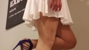 Crossdresser in Purple Shoes and Sexy White Dress