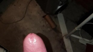 Great cum and jerking my big cock while outside - slomo cum