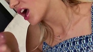 Blond cumslut jerks off a fat sausage to get the cum out