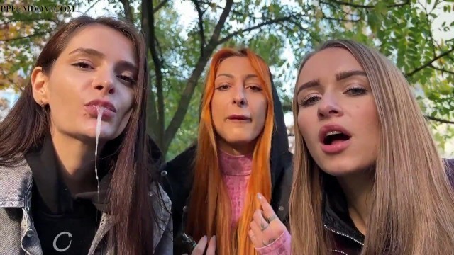 You are Stopped by Unknown Girls to be Humiliated - POV Triple Spitting Femdom on Public